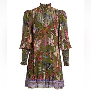 FARM RIO Wild Jungle Green Floral Mock Neck Puff Sleeve Mini Dress Size XL NWT